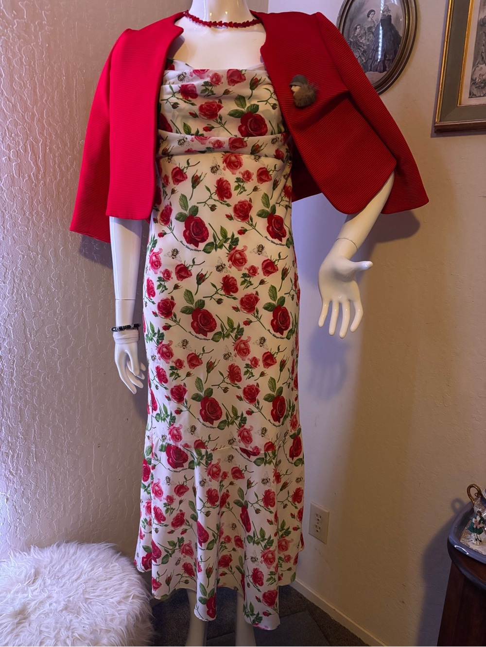 Floral Red Rose Print Midi Dress with Ivory Base